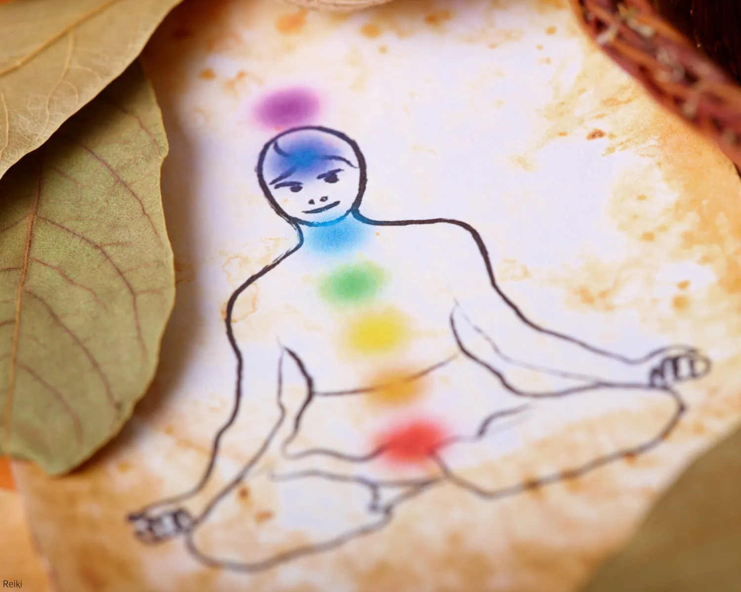 A drawing of a person meditating with the seven chakras shown in color