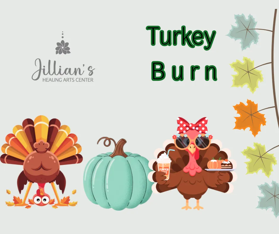 Turkey Burn flyer with cartoon turkeys and a pumpkin