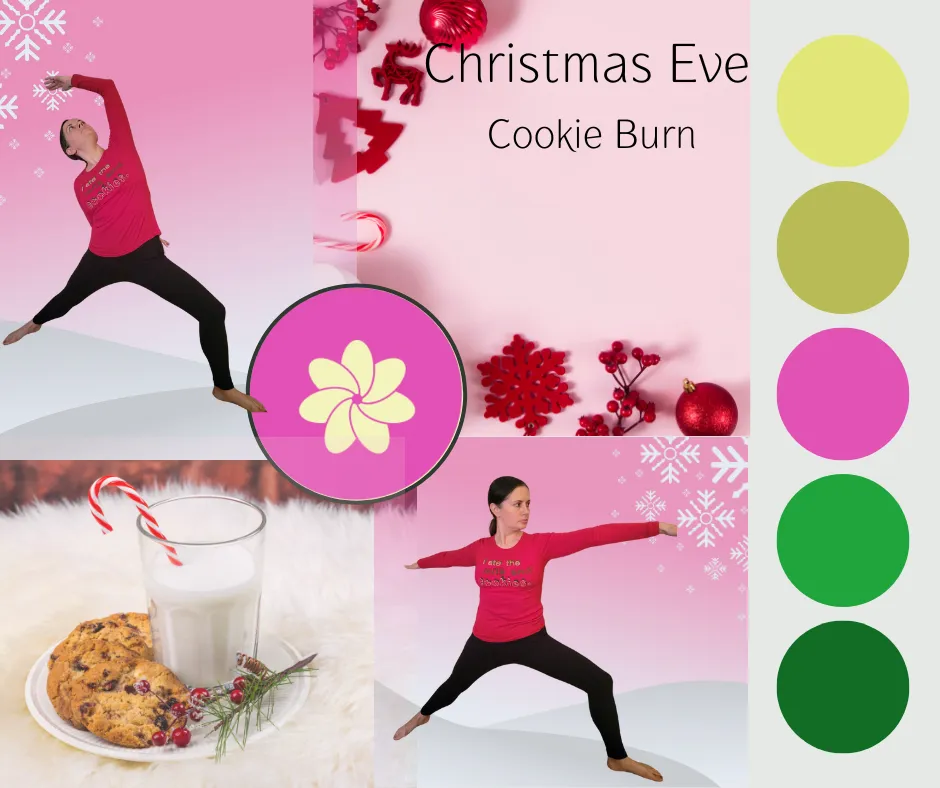 Christmas Eve Cookie Burn flyer with yoga poses, cookies and milk
