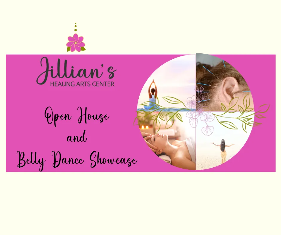 Open House and Belly Dance Showcase flyer with photos of yoga, massage and dance