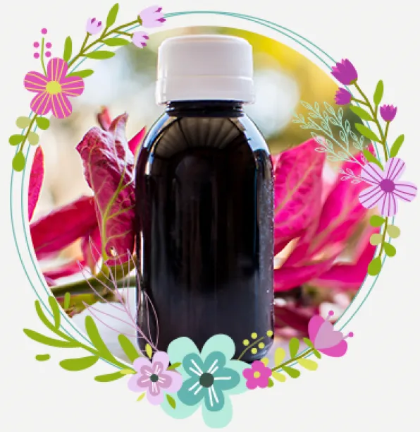 A dark essential oil bottle among pink flowers, framed with painted flowers