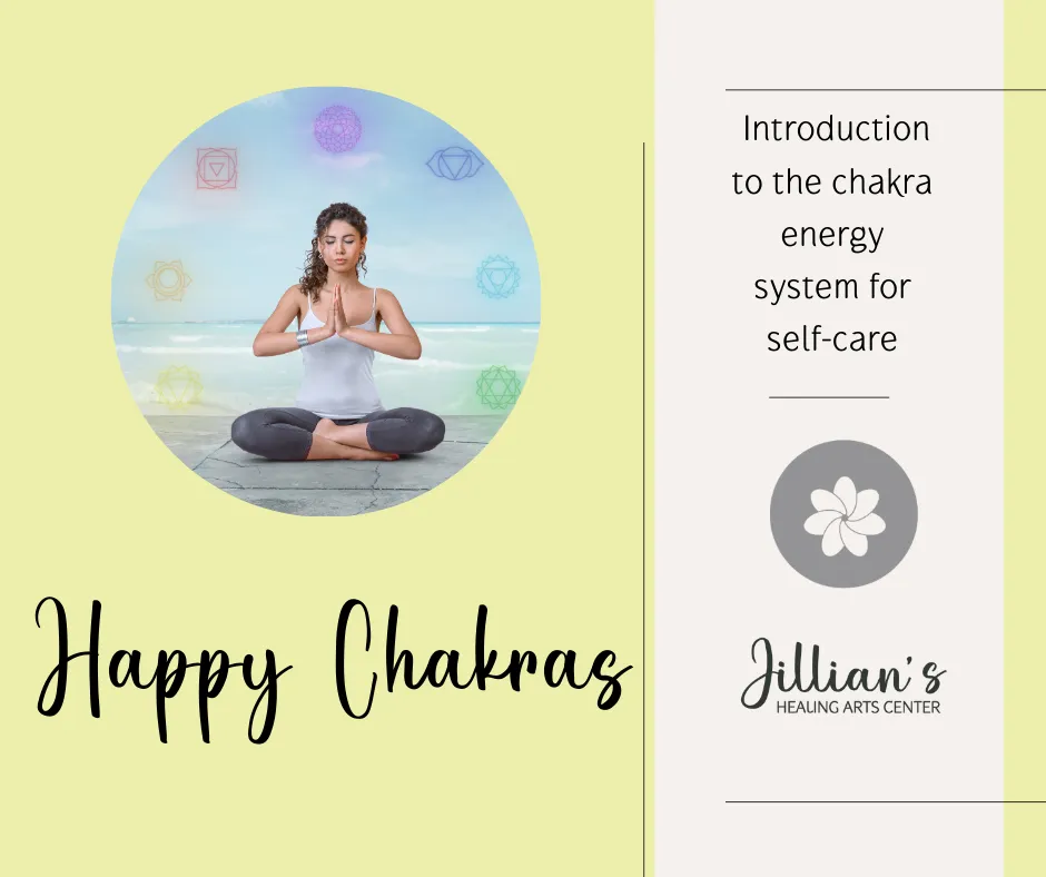 Happy Chakras flyer: introduction to the chakra energy system for self-care, with a woman meditating