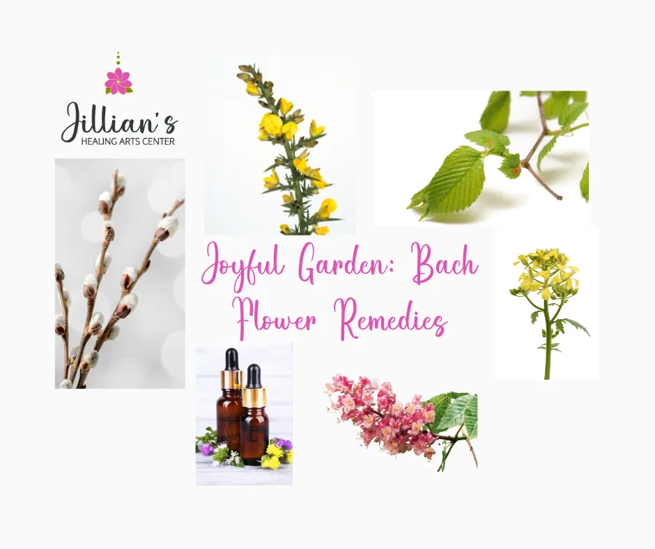 Joyful Garden: Bach Flower Remedies flyer with flowers and remedy bottles