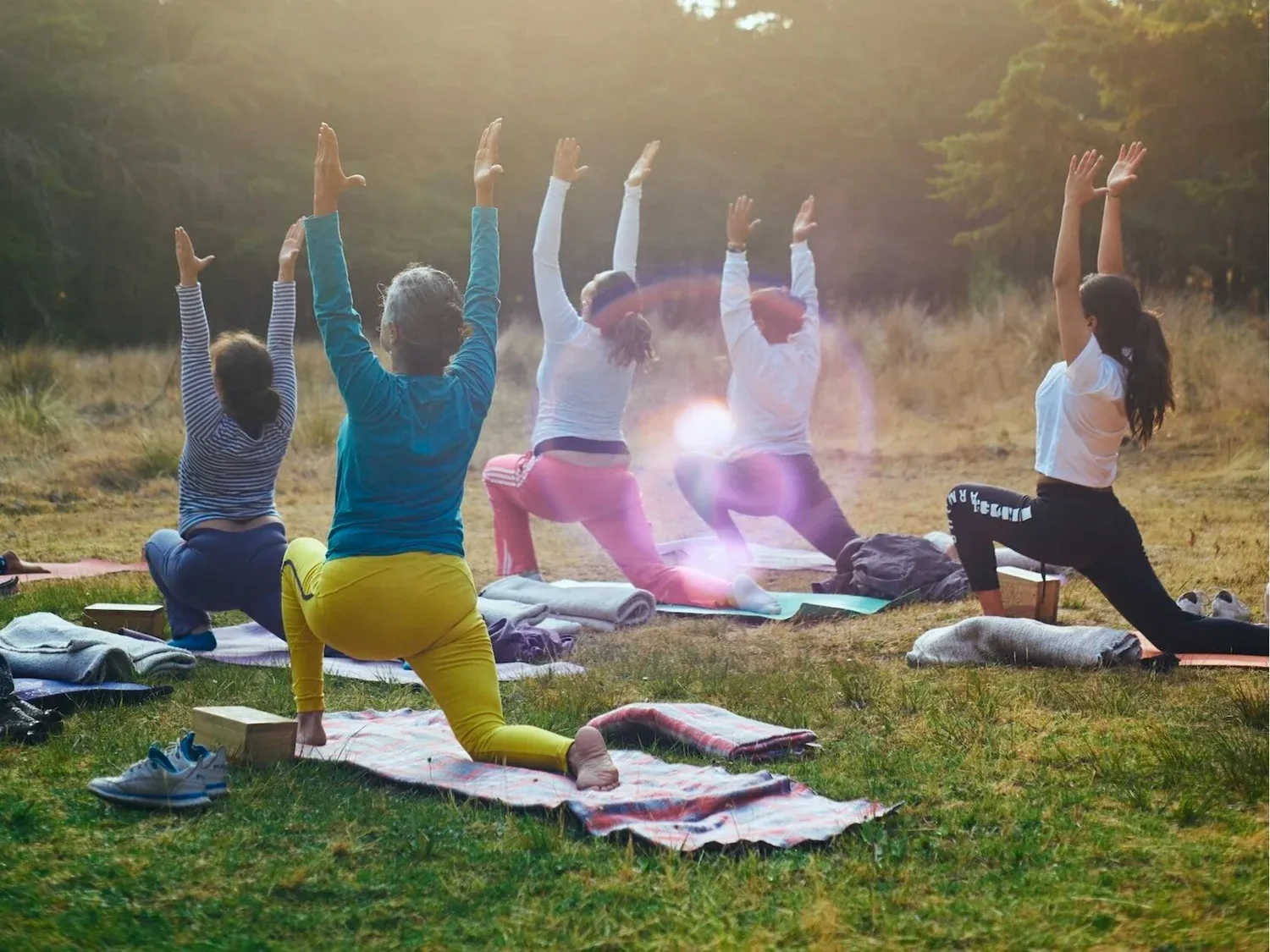 A group doing yoga together outdoors on the grass in golden sunlight