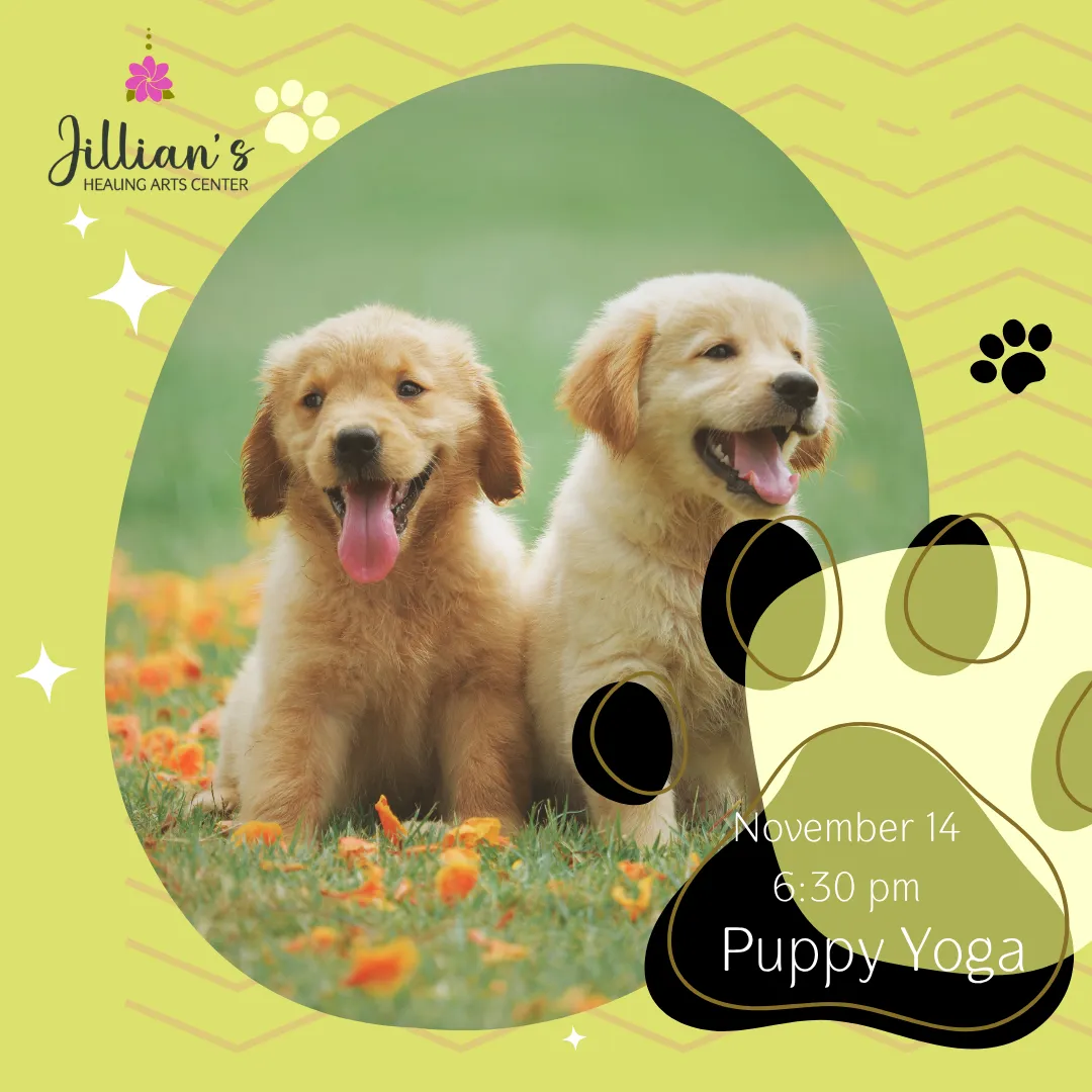 Puppy Yoga flyer, November 14 at 6:30 pm, with two golden retriever puppies