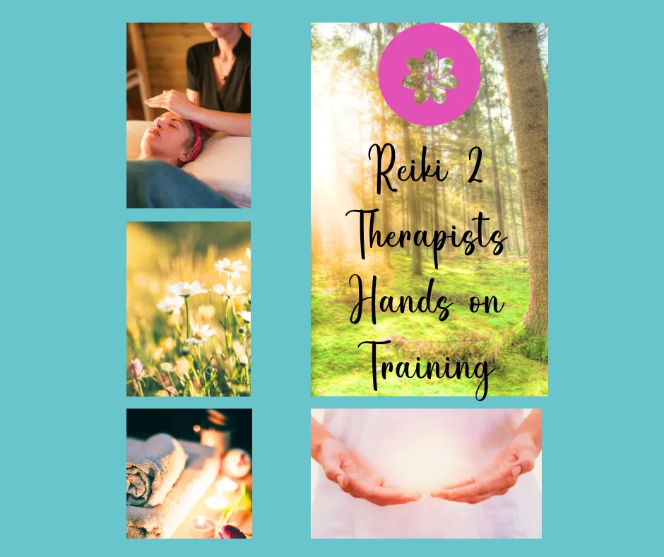 Reiki 2 Therapists Hands on Training flyer with photos of Reiki sessions and nature