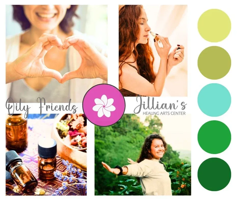 Oily Friends Gathering flyer: women smiling with essential oils and the Jillian’s Healing Arts Center logo