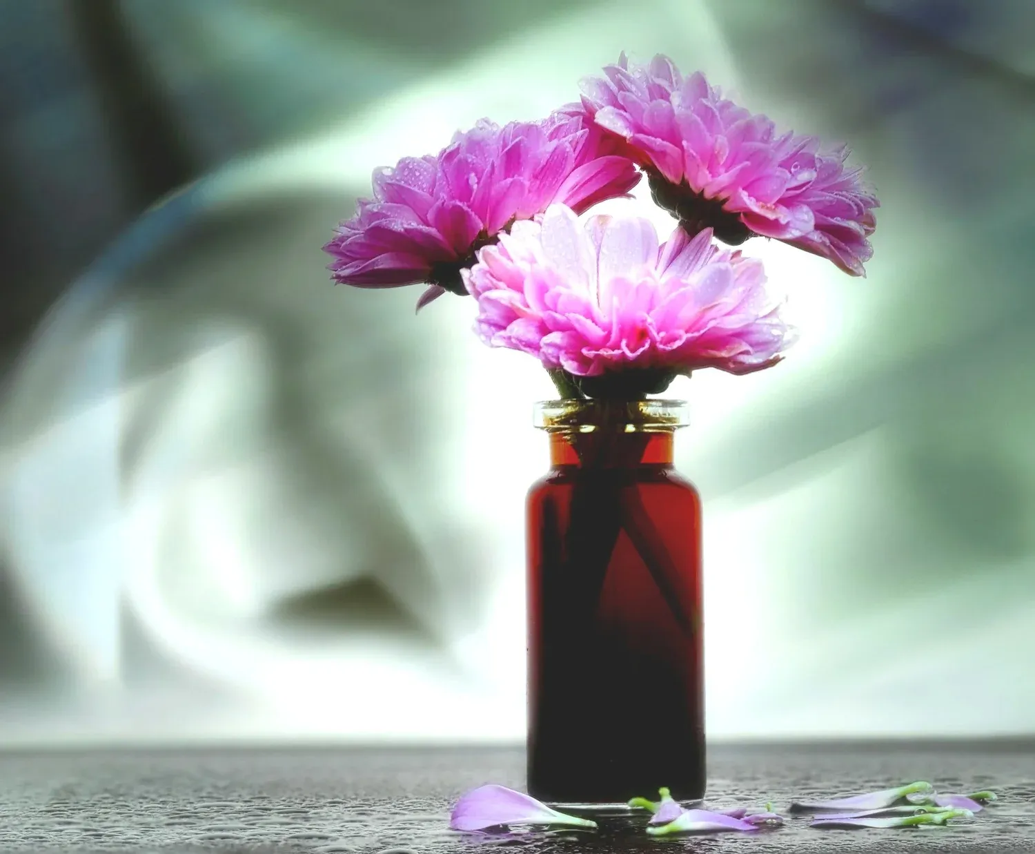 Pink flowers in a small dark glass bottle