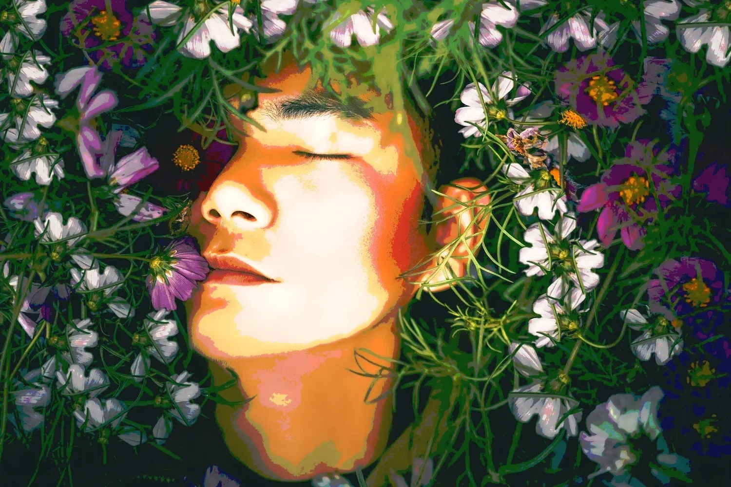 A woman with her eyes closed lying peacefully among flowers