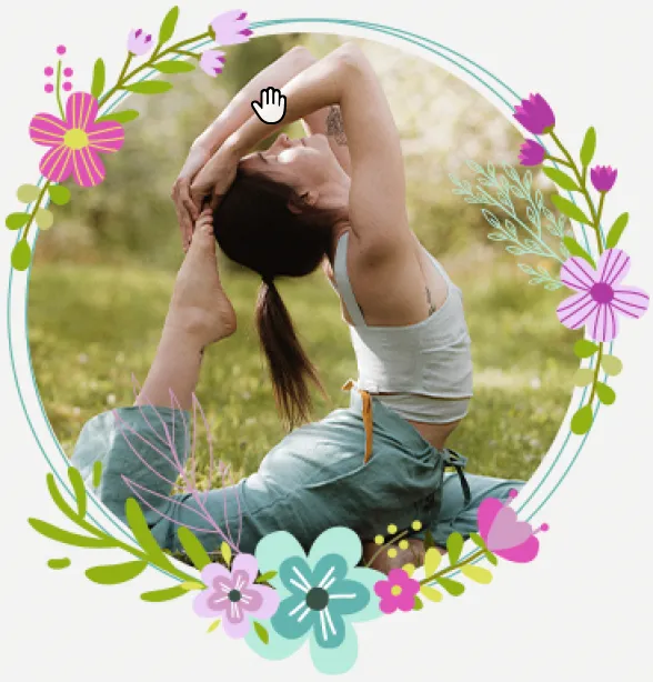 A woman in a deep backbend yoga pose on the grass, framed with painted flowers